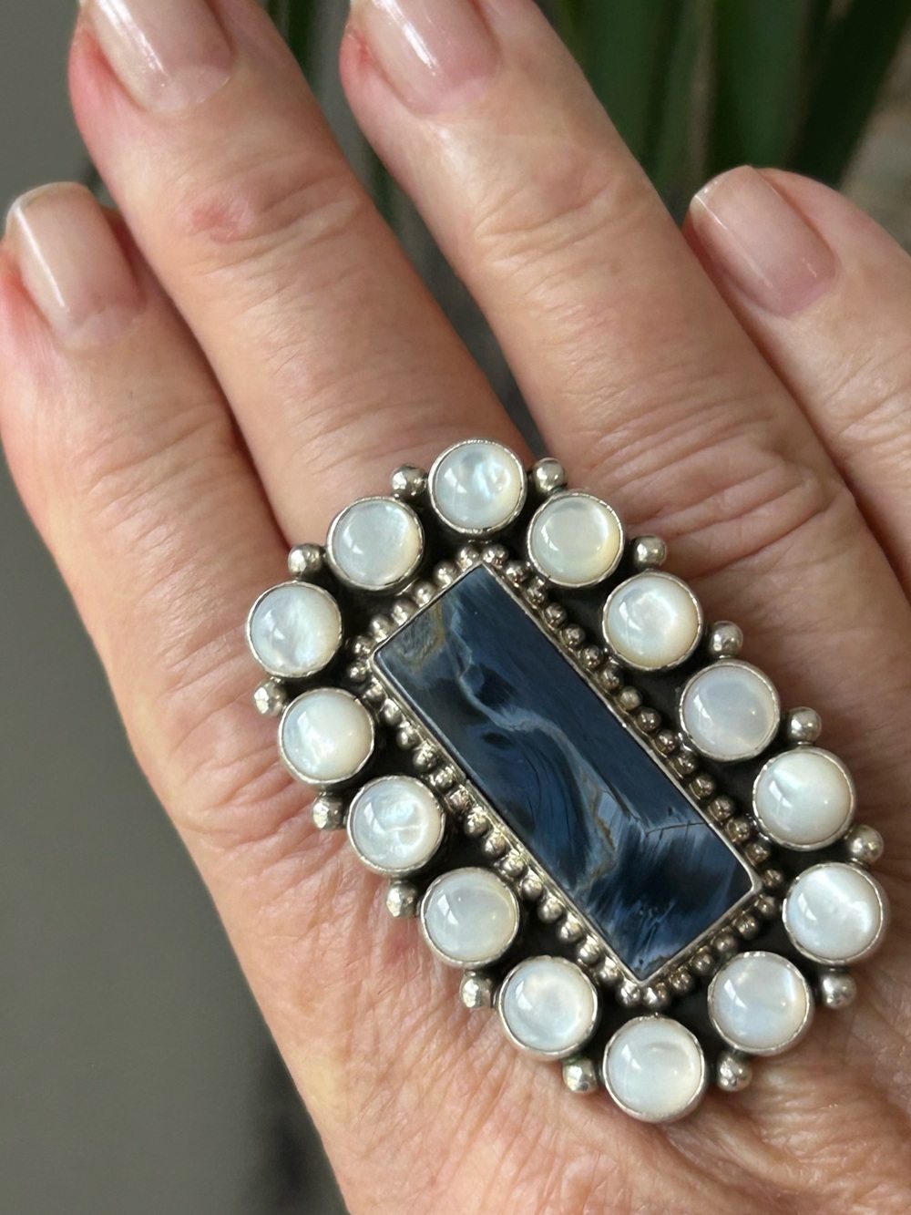 Sterling Silver & Blue Pietersite Rhodium Mother-of-Pearl MOP Statement Ring, 9